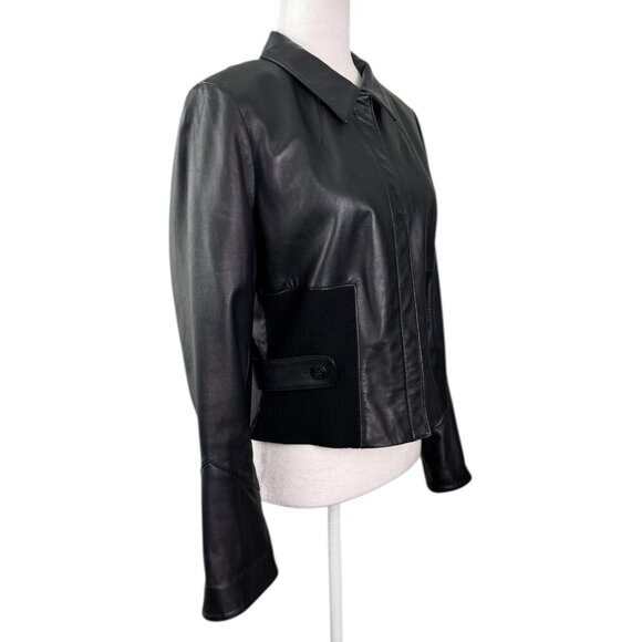 WORTH Classic Moto Leather Jacket Snap Front Knit Sides Flared Sleeve Size 10 - Picture 5 of 9